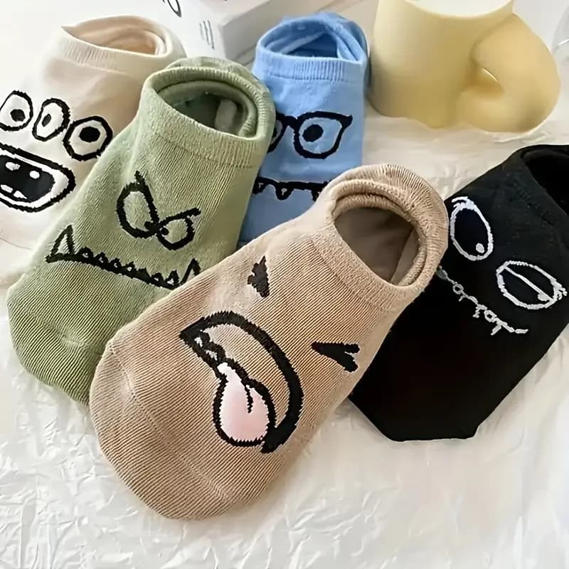 5/10 paia di calzini da barca da donna carini giapponesi con espressione divertente dei cartoni animati sottili primaverili ed estivi