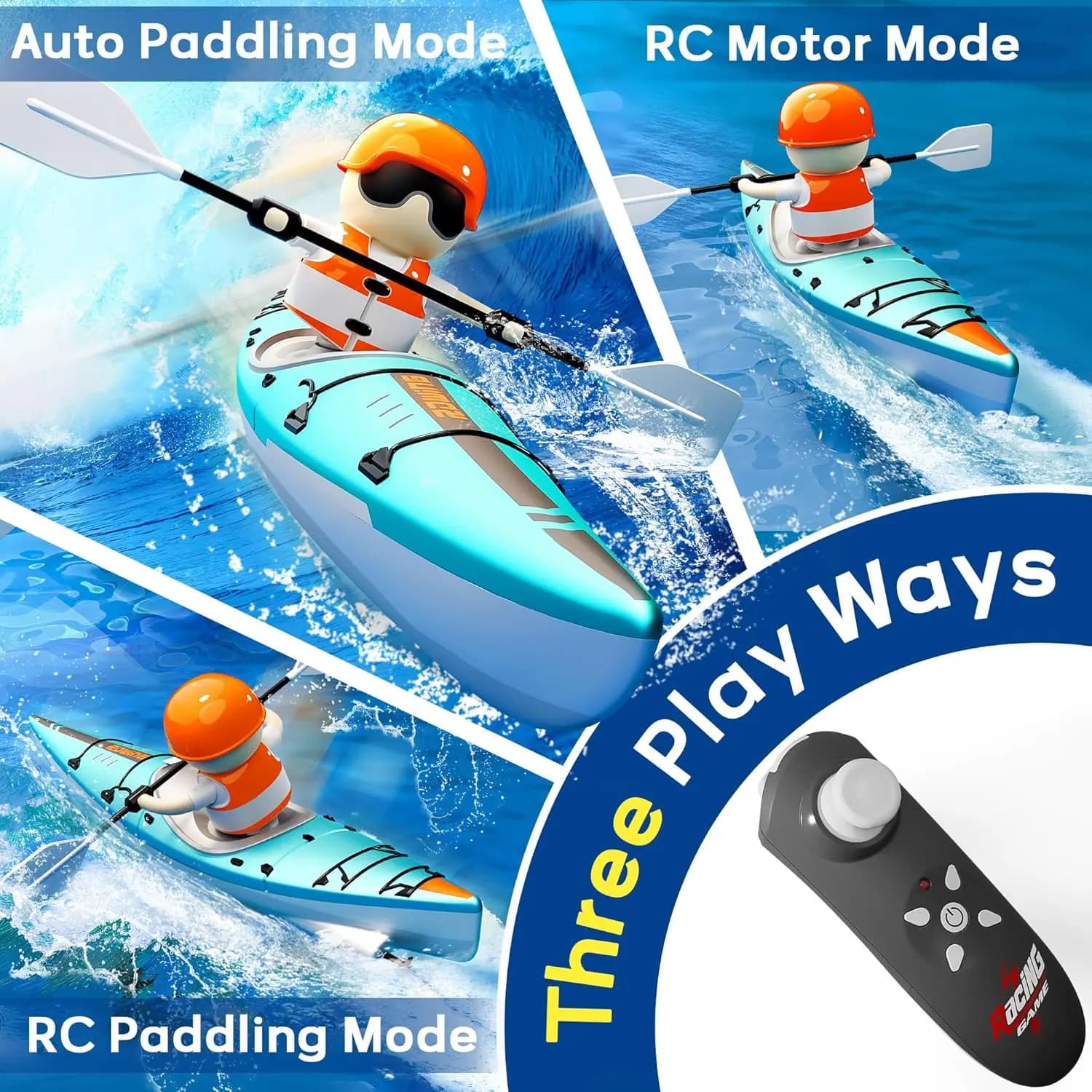 Giocattolo per barca telecomandata, giocattoli per barche a remi per kayak RC, corse d'acqua con vasca da bagno leggera per lago all'aperto, fantastici regali di compleanno per bambini