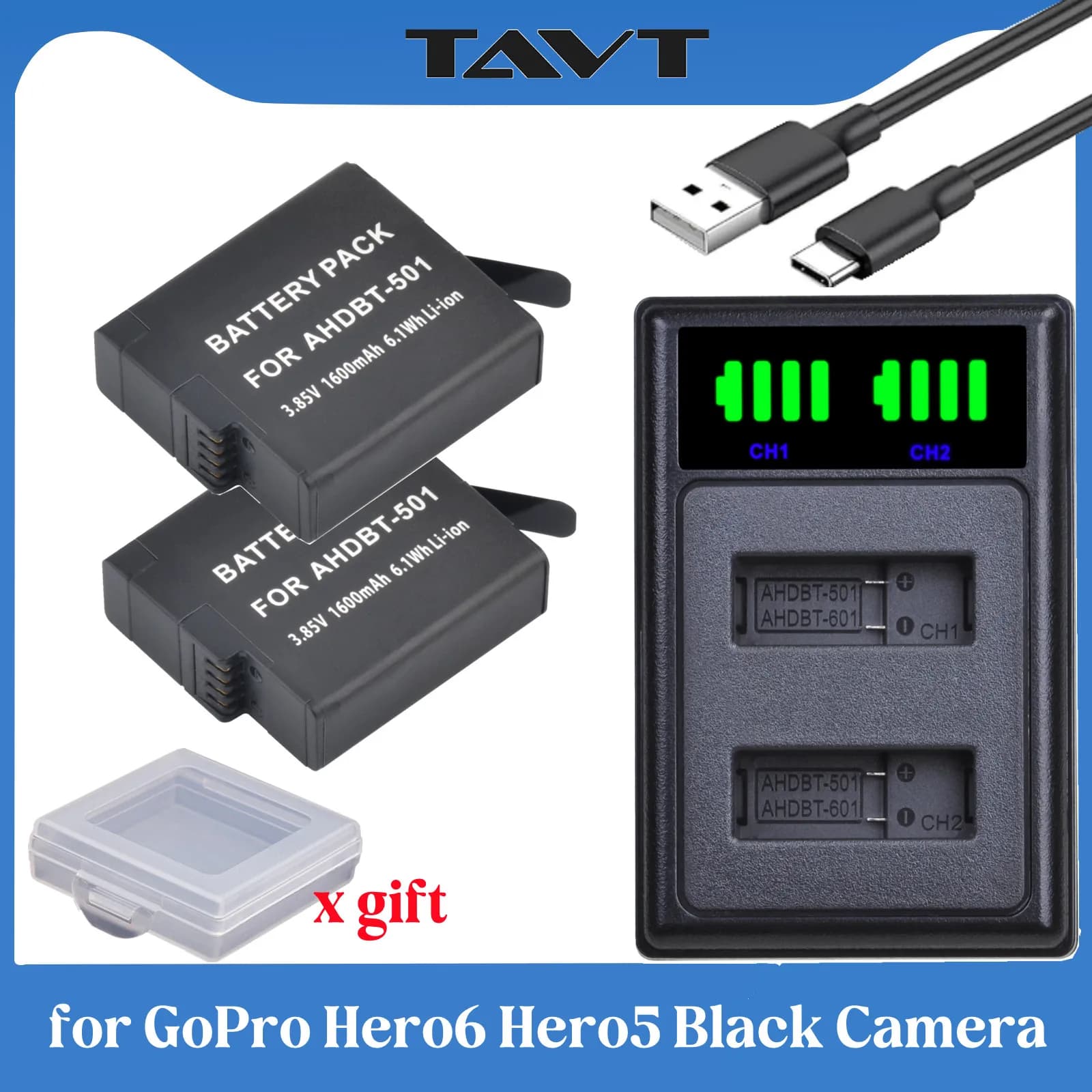 For Gopro Hero 5 Replacement battery + LED USB double charger with type C for GoPro HERO5 GoPro AHDBT-501 Battery for action room