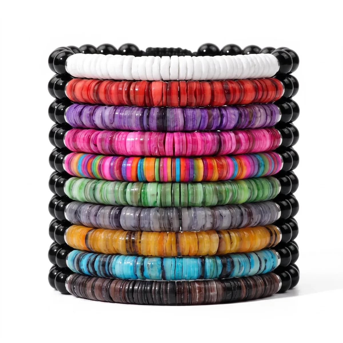 Adjustable Black Onyx Shell Heishi Disc Beads Bracelet Boho Macrame Braided Stackable Beaded Jewelry for Men Women Gift