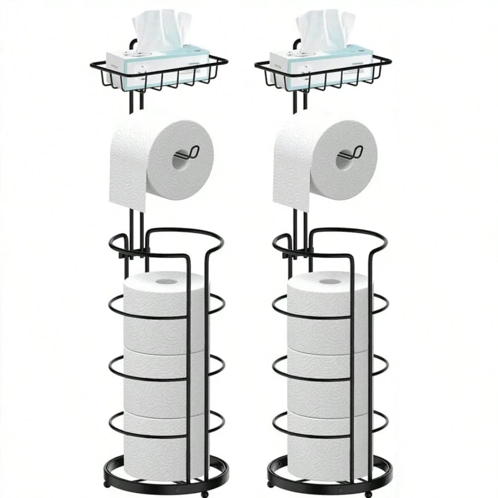 Portarotolo da Terra con Ripiano, Portarotolo da Cucina e Bagno Migliorato Antiruggine, Supporto per Rotoli di Carta Igienica da Pavimento con Contenitore per B