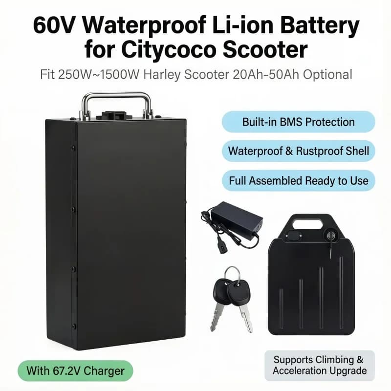 Fast Swap 60V Lithium Battery, Consistent Power Output, 20Ah-50Ah, Waterproof, for 250W~1500W Citycoco Harley, 67.2V Charger