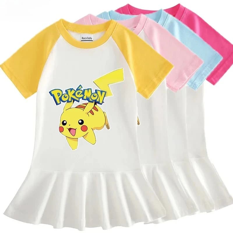 Vestito da bambina Pikachueds creativo a mezza manica in cotone stile occidentale con pieghe, abito da principessa per neonate