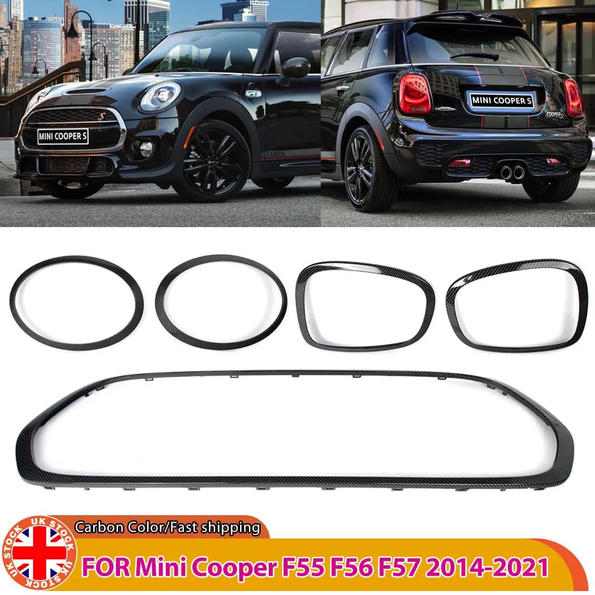 Per Mini Cooper F55 F56 F57 2014 2015-2021 Fari Esterni Luci Posteriori Griglia Del Radiatore Surround Anello Trim In Fibra di Carbonio Look