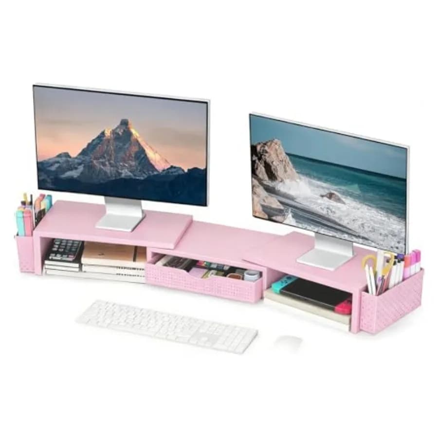 Organizzatori e Accessori da Scrivania in Metallo, Supporto per Doppio Monitor con Cassetto e 2 Portapenne, Accessori per Scrivania e Postazione di Lavoro