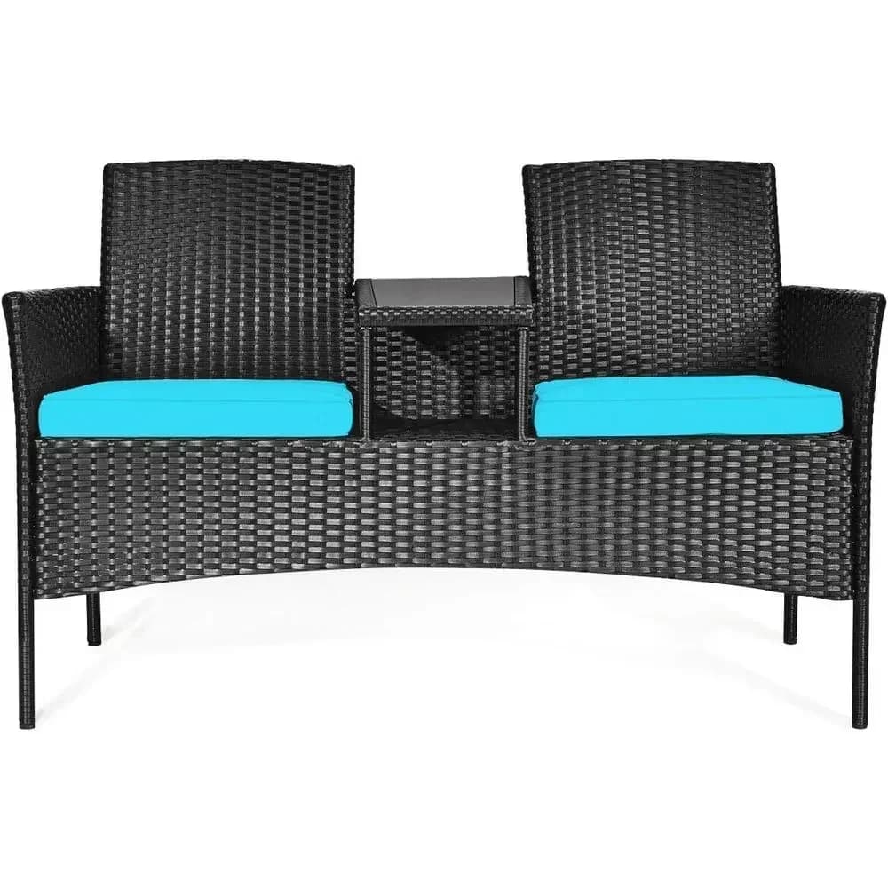Rattan Wicker Outdoor Patio Furniture Set with Table and Two Cushioned Chairs (Black + Blue)