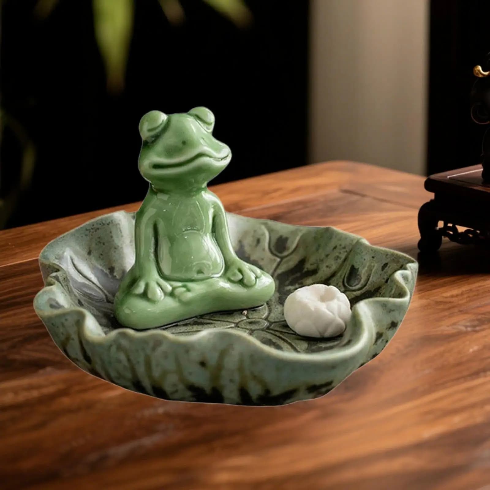Portaincenso in ceramica con riflusso a forma di rana, vassoio con foglie di loto, raccoglitore per stanza di pulizia spirituale