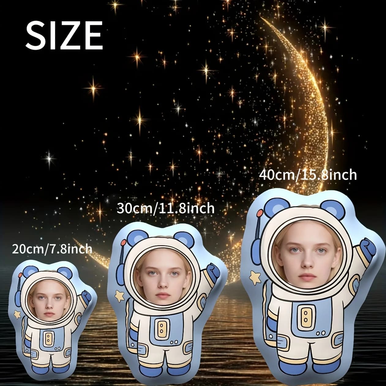 Cuscino in peluche per astronauta con foto personalizzata: logo personalizzato FaceText, farcito a tema astronauta con la tua immagine