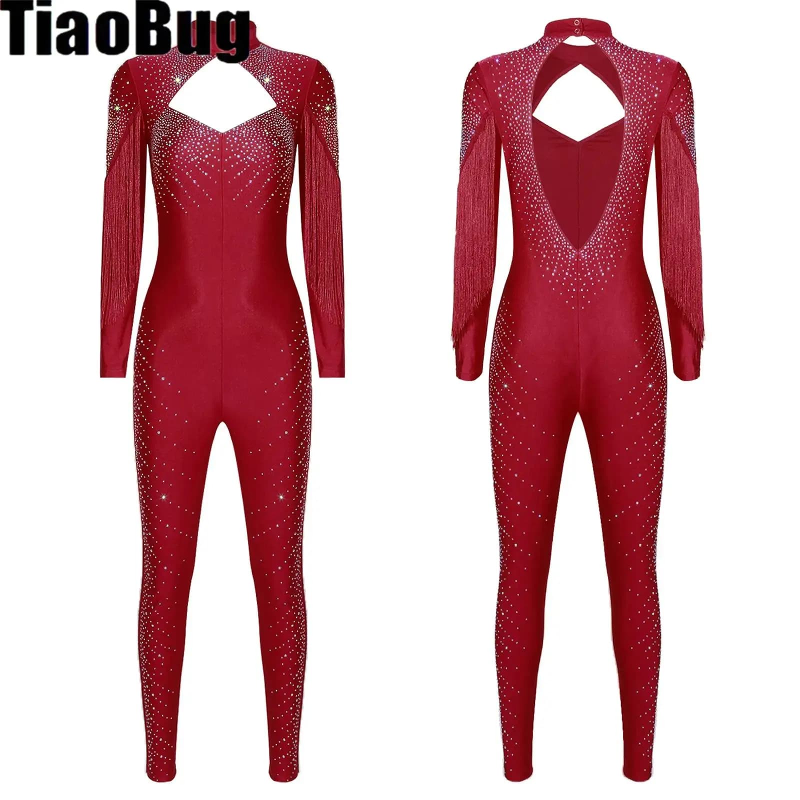 Tuta da pattinaggio di figura da donna a maniche lunghe con leggings sul davanti con nappe Body intero per ginnastica e danza