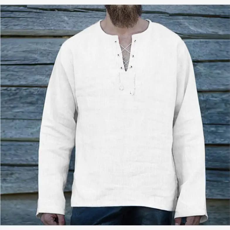 Loose Fit Long Sleeve V-Neck Cotton Linen Men's T-Shirt Spring Autumn New Style Pure Color Belted Casual Youth Fashion