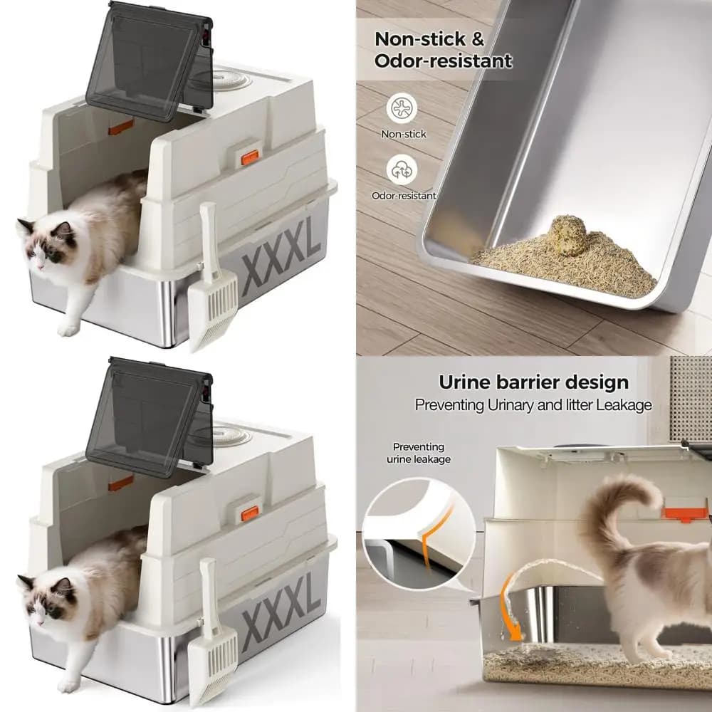 Lettiera Extra Large in Acciaio Inossidabile con Coperchio, 28 x 20.5 x 16.5, Ideale per Gatti Multipli, Antiaderente, Anti-perdita, Facile da Pulire