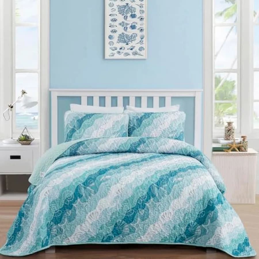 Set Copripiumino Estivo a Tema Spiaggia e Oceano, con Onde Marine, Conchiglie e Stelle Marine, in Microfibra Leggera
