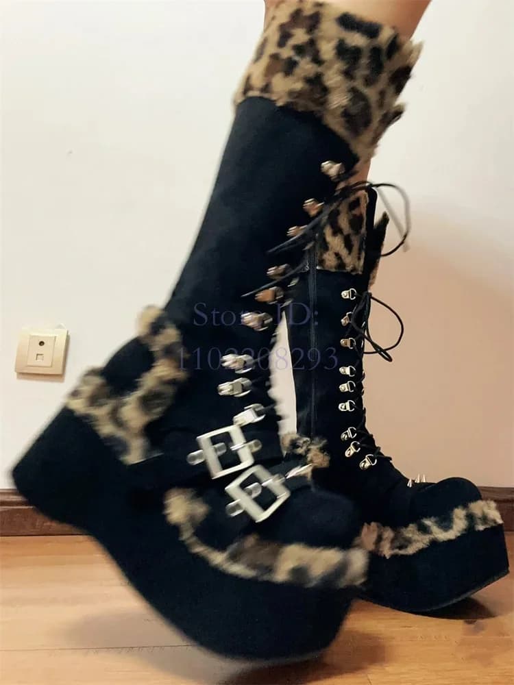 Leopard Fur Knee-high Boots Solid Round Toe Belt Buckle Straps Side Zipper Knight Boots Women New Hot Girl Women Punk Shoes 2025