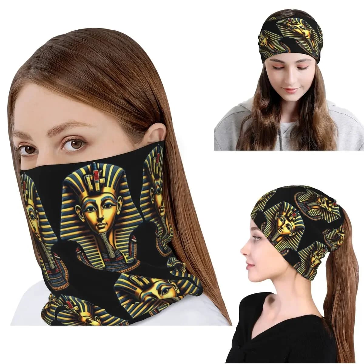 Egyptian Pharaoh With Golden Crown Illustration Bandana Neck Cover Wrap Mask Scarf Warm Headwear Beanies Hat for Men Women