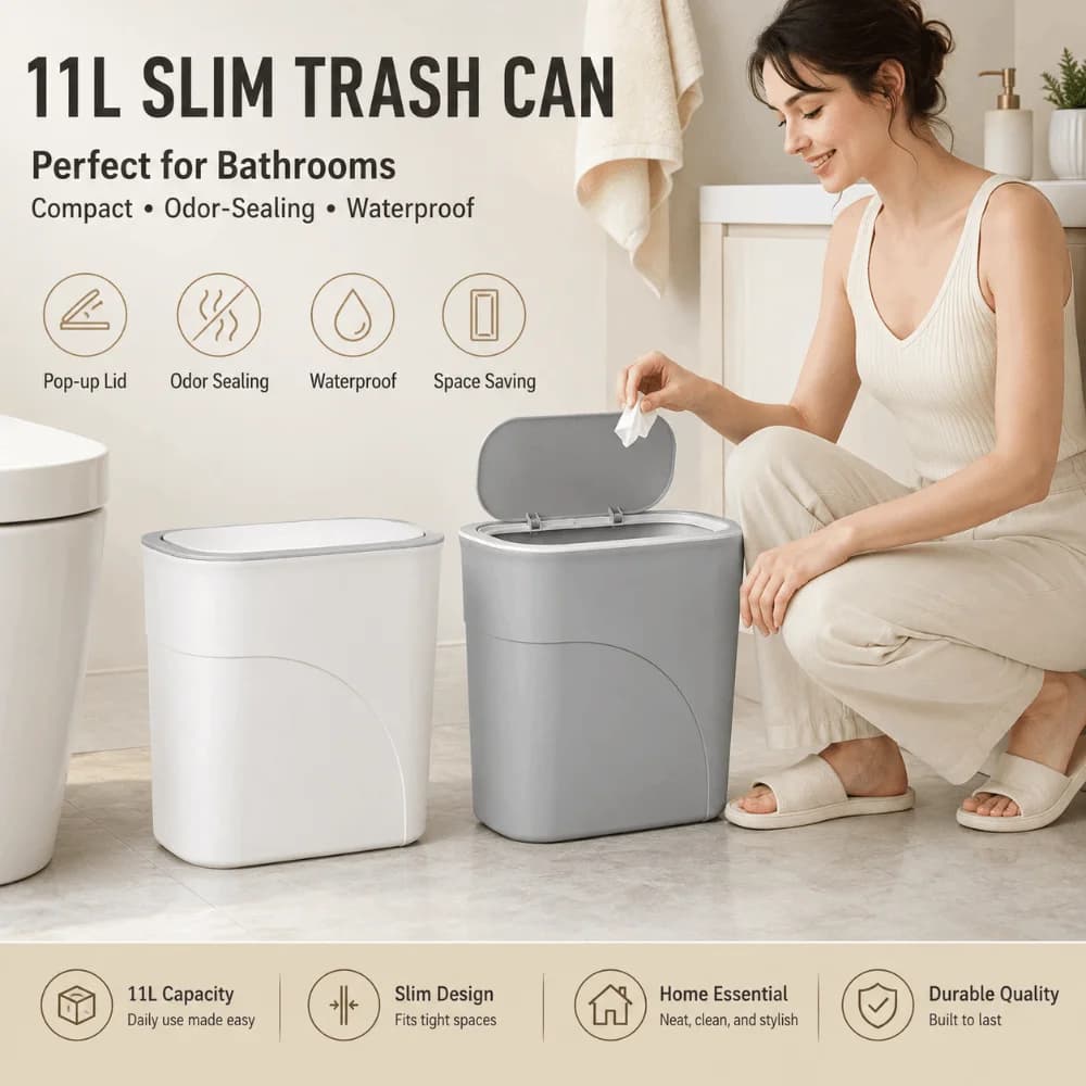 Slim Narrow Gap 11L Bathroom Trash Can with Lid Odor-Free Waterproof Garbage Bin Seamless One-Touch Pop-Up Living Room Dustbin