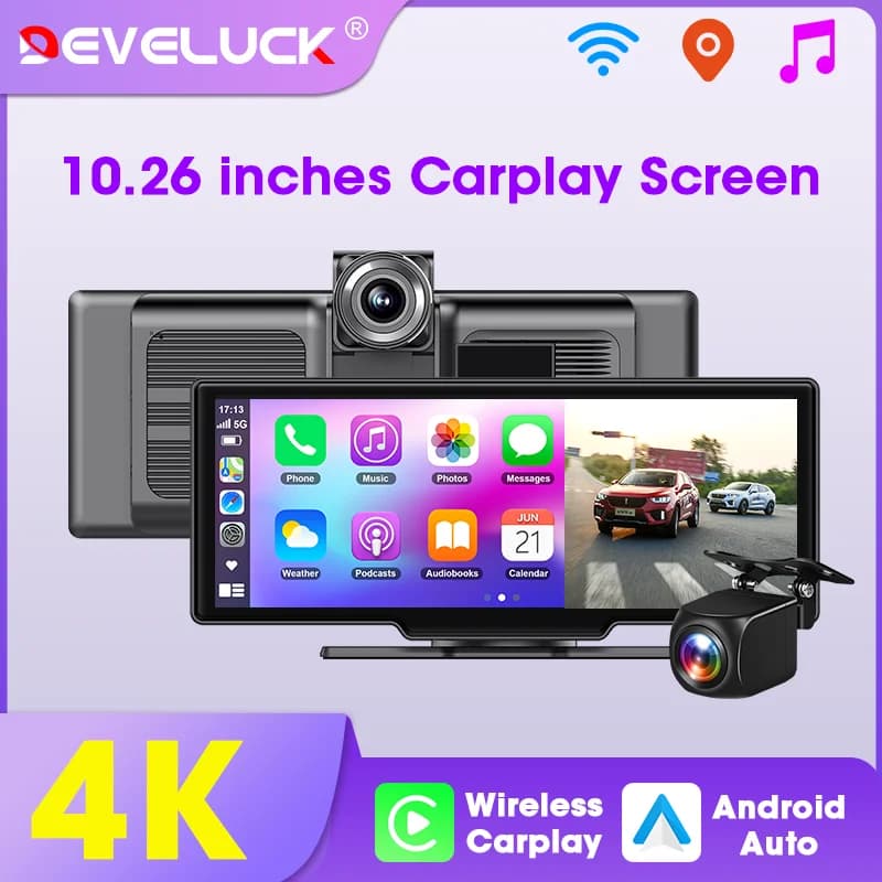 10.26'' DVR Auto 4K Dash Cam Wireless Carplay Android Auto Doppia Lente Registratore Video Monitor Auto Telecamera Retrovisore Cruscotto