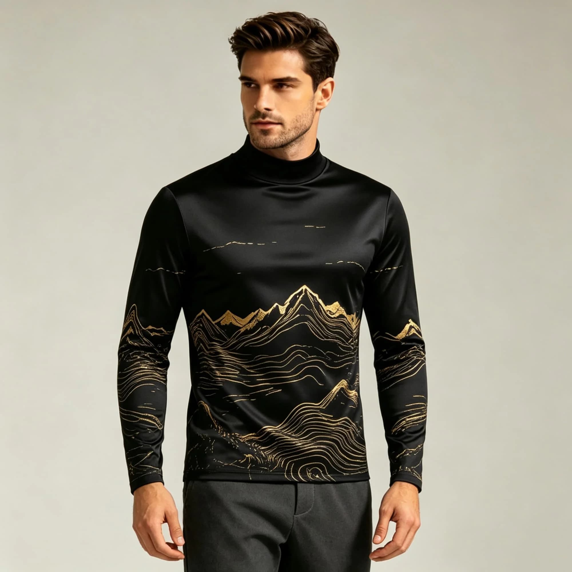 Mens Mock Neck Long Sleeve T-shirt Golden Mountain Contour Scene Allover Print Street Style Base Shirts