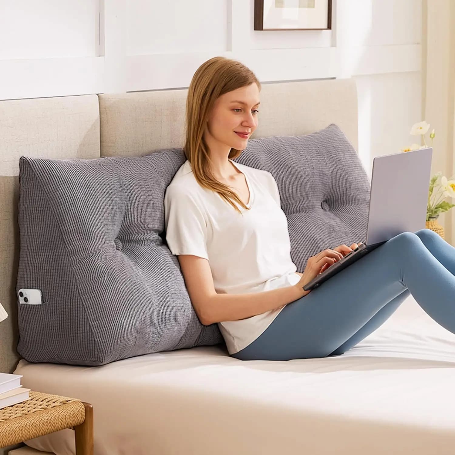 、Headboard Pillow Queen, Triangle Pillows for Headboard, Head Board Backrest Wedge Pillow for Reading Sitting Working, Daybed Pillows with Removable Cover for Bed Dorm Sofa, Dark Grey