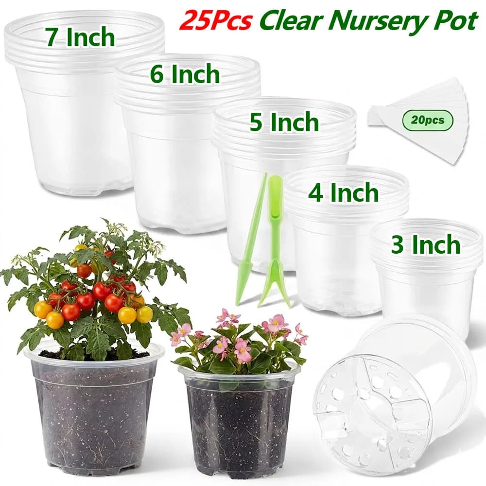 25 Pezzi Vasi da Vivaio Trasparenti da 3/4/5/6/7 Pollici, Fioriere in Plastica con Piccolo Etichettatore, Vasi Drenanti per Semenzai, Vasi per Avvio Semi, Accessori da Giardino