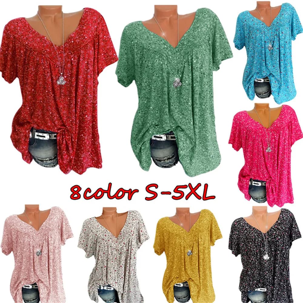 Summer T Shirt Women Top Chiffon New v-neck Loose Floral Printed t-shirts Short Sleeves Female Tee Tshirts Dropshipping YRW6930