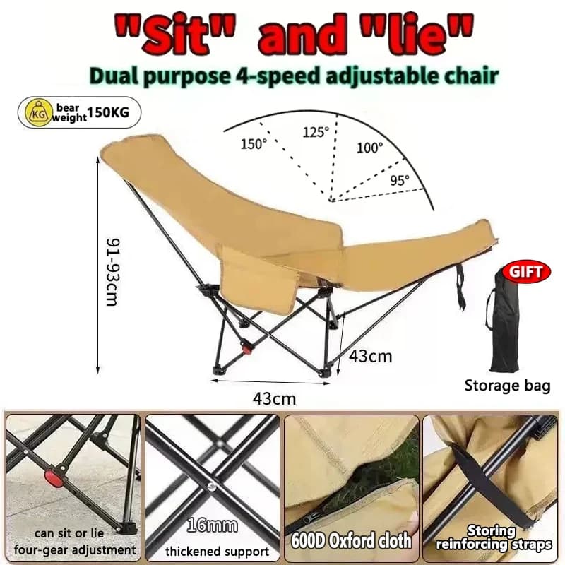 1 sedia da campeggio regolabile a 4 posizioni con poggiapiedi, sedia pieghevole portatile per pesca all'aperto, spiaggia, viaggi, picnic, relax