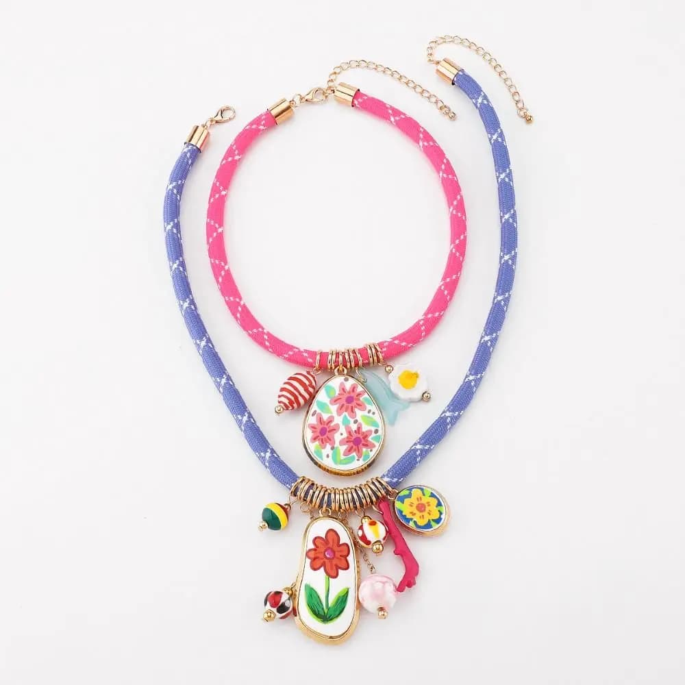 Ethnic Style Resin Flower Pendant Necklace Cuba Chain Necklace Set Nylon Rope Necklace Hip Hop Jewelry Accessories