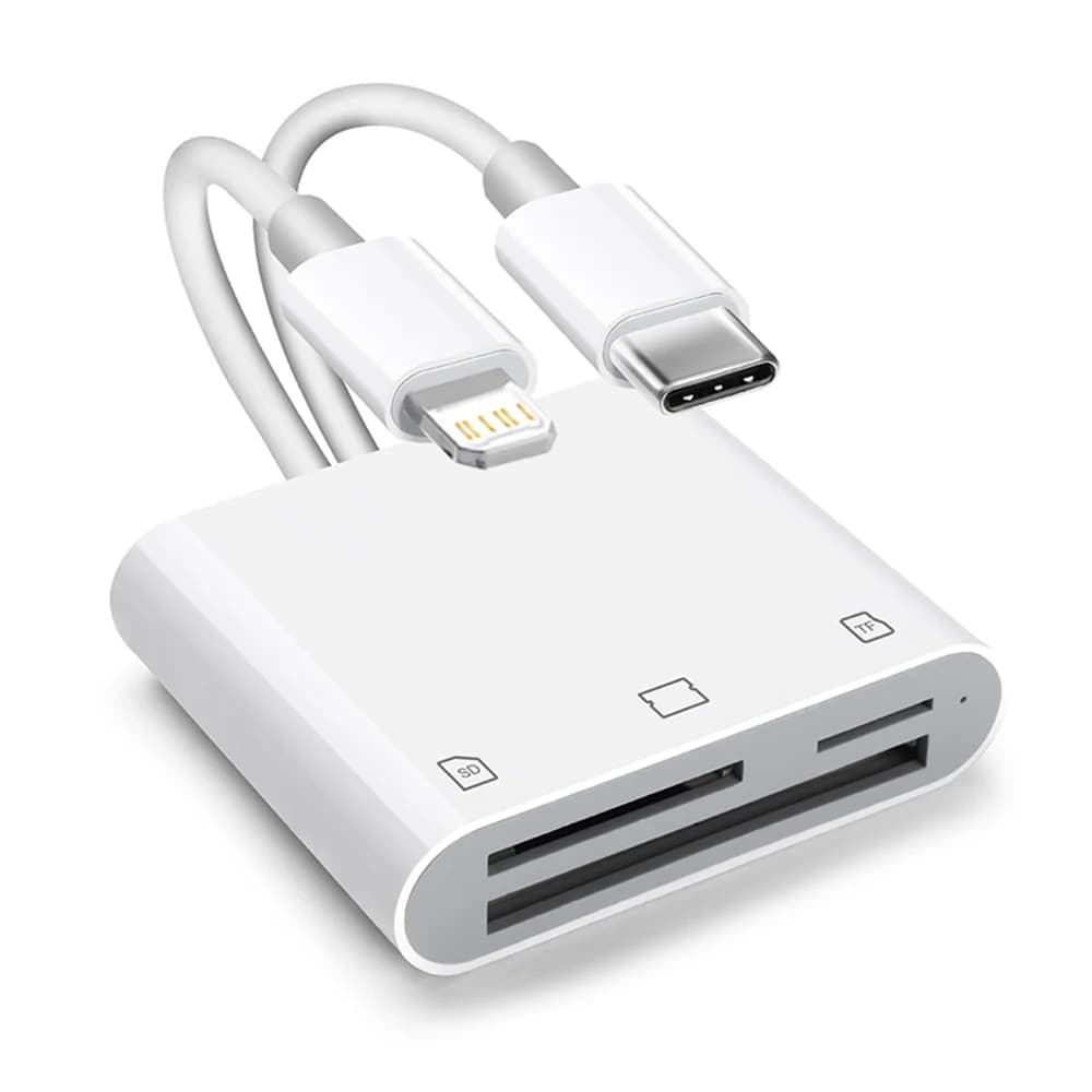 SD Card Reader for iPhone iPad USB C Lightning Dual Port Memory Card Reader For MicroSD CF No App Required Plug and Play