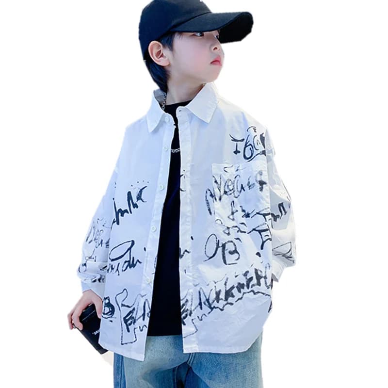 Brief Korean Kids Long Sleeve Shirt with Letters Print For Boys Casual White Blouse Teenage Child Fashion Spring Tops Clothing