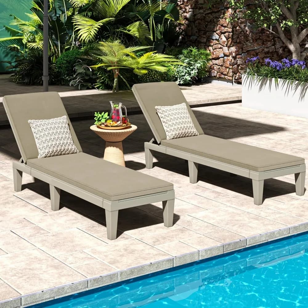 Sdraio da Esterno con Cuscino, Set di 2 Sdraio da Patio con Schienale a 5 Livelli, Sedia a Sdraio Personalizzabile