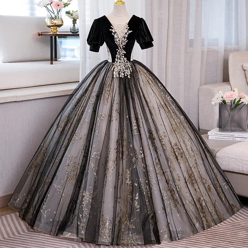 2023 nuovi abiti senza nero manica corta abiti Quinceanera elegante abito da ballo con scollo a v abito da festa con paillettes in pizzo di lusso Plus Size
