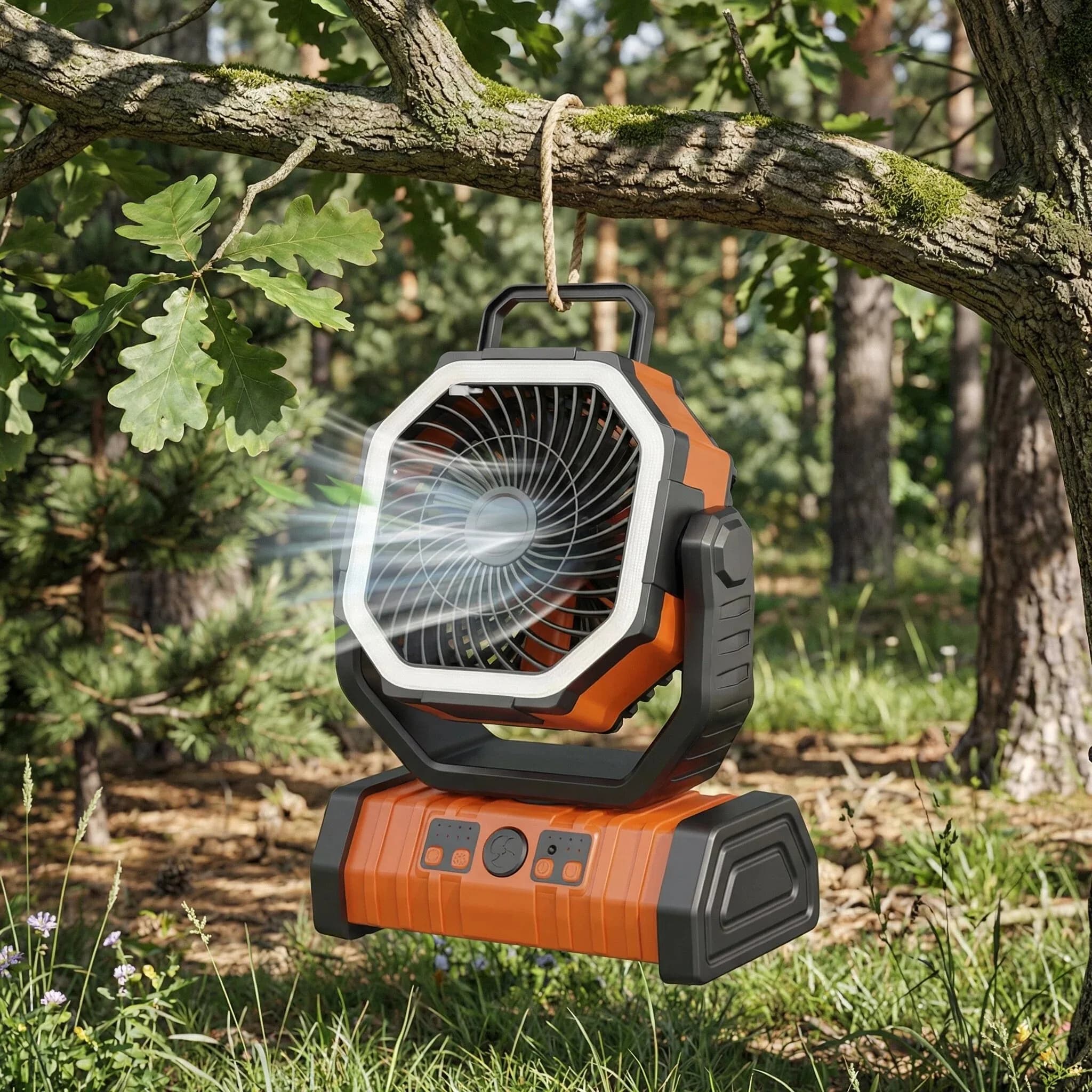 Ventilatore Elettrico Portatile con Lanterna LED, Batteria da 30000mAh, Ventilatore da Campeggio con Gancio per Escursionismo e Pesca - Fino a 138 Ore di Illuminazione