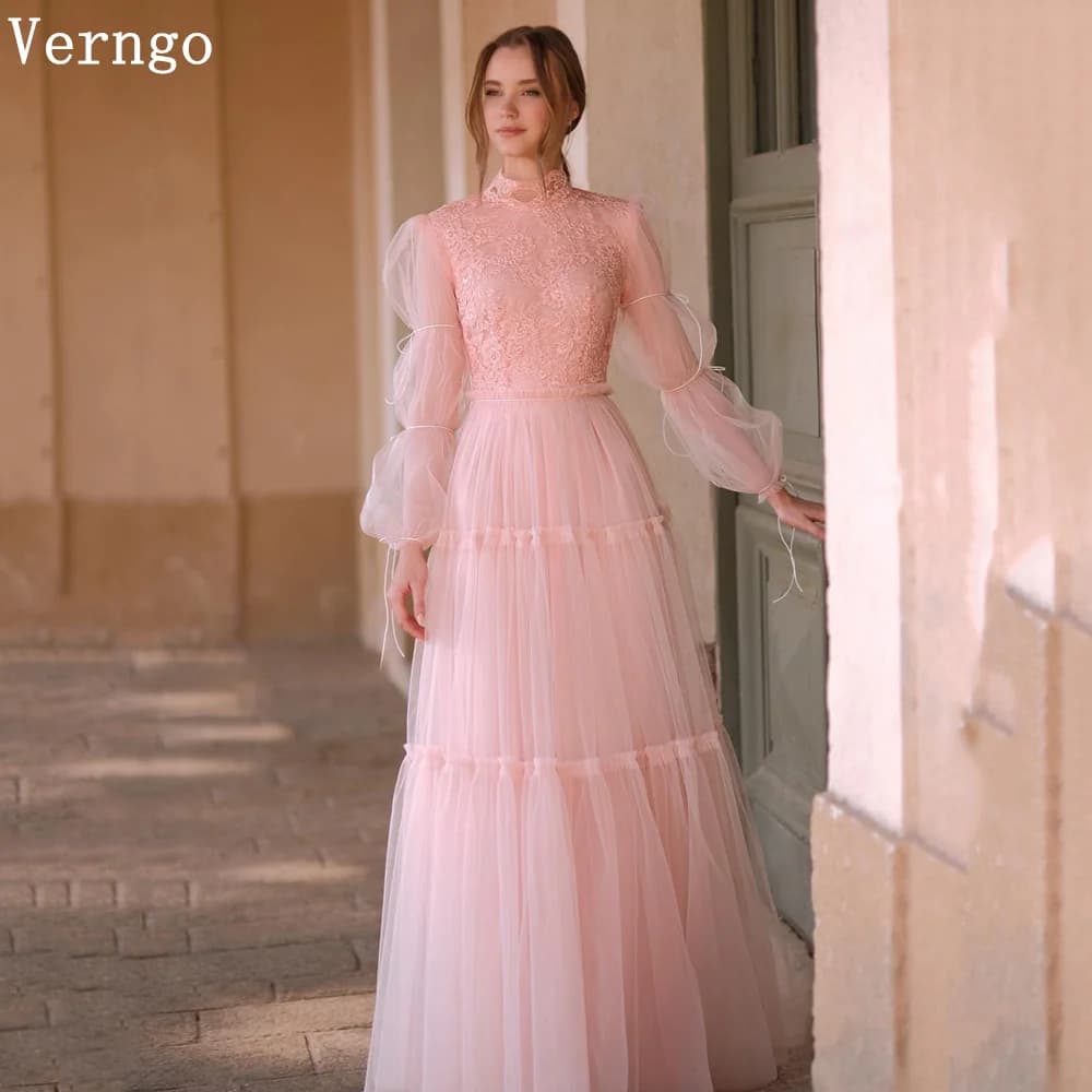 Verngo Blush Pink Tulle Abito da sera Elegante pizzo A Line Abiti da cerimonia formale con bottoni Maxi abito da cerimonia nuziale personalizzato