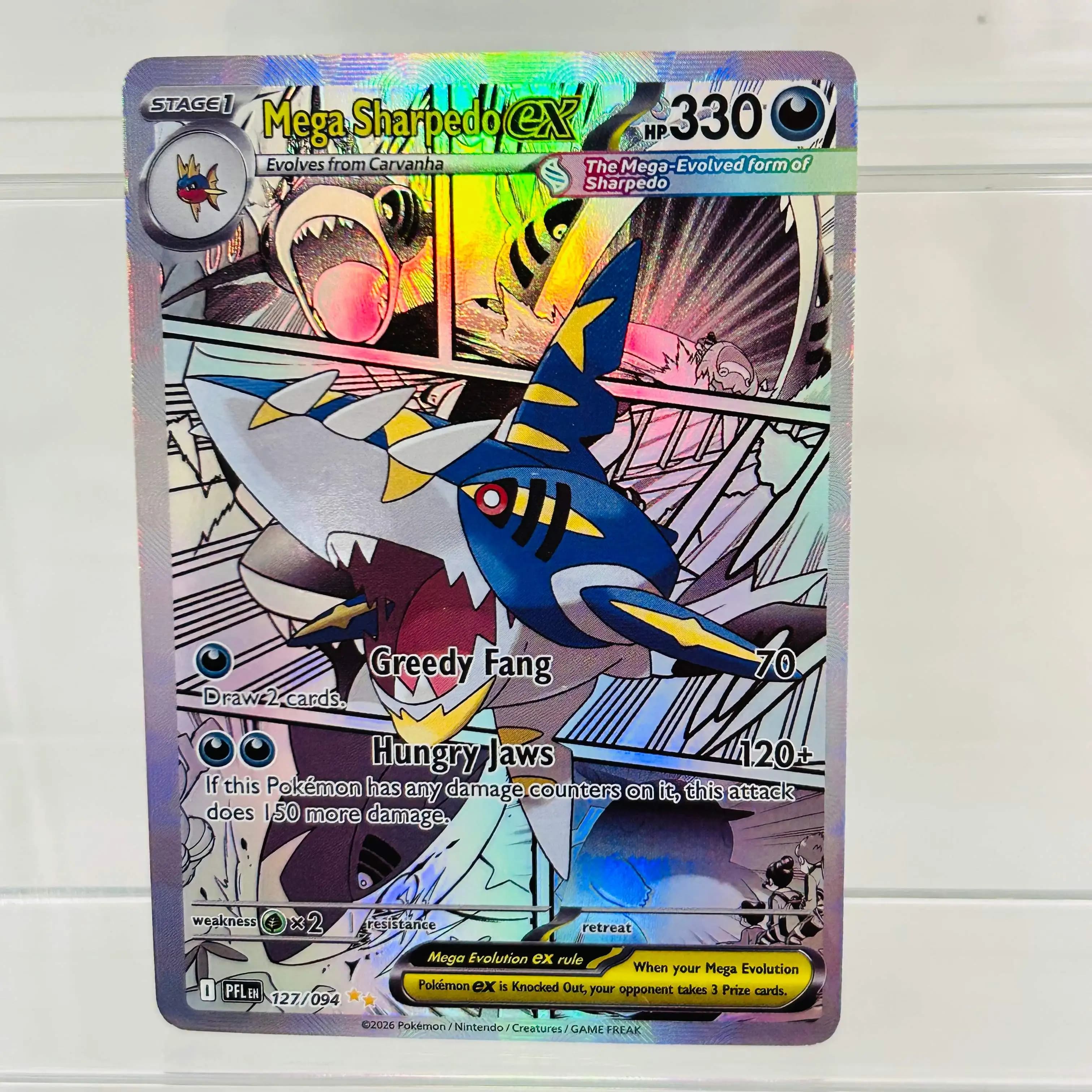 English Mega Sharpedo ex 127/094 DIY Holographic Foil Card, Perfect Condition Premium Anime Collection Card