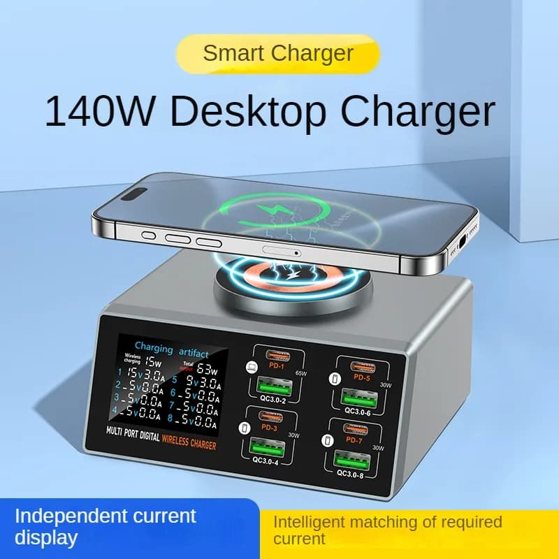Caricabatterie multiporta da 140 W con display digitale, PD+QC e ricarica wireless magnetica da tavolo per telefoni e laptop
