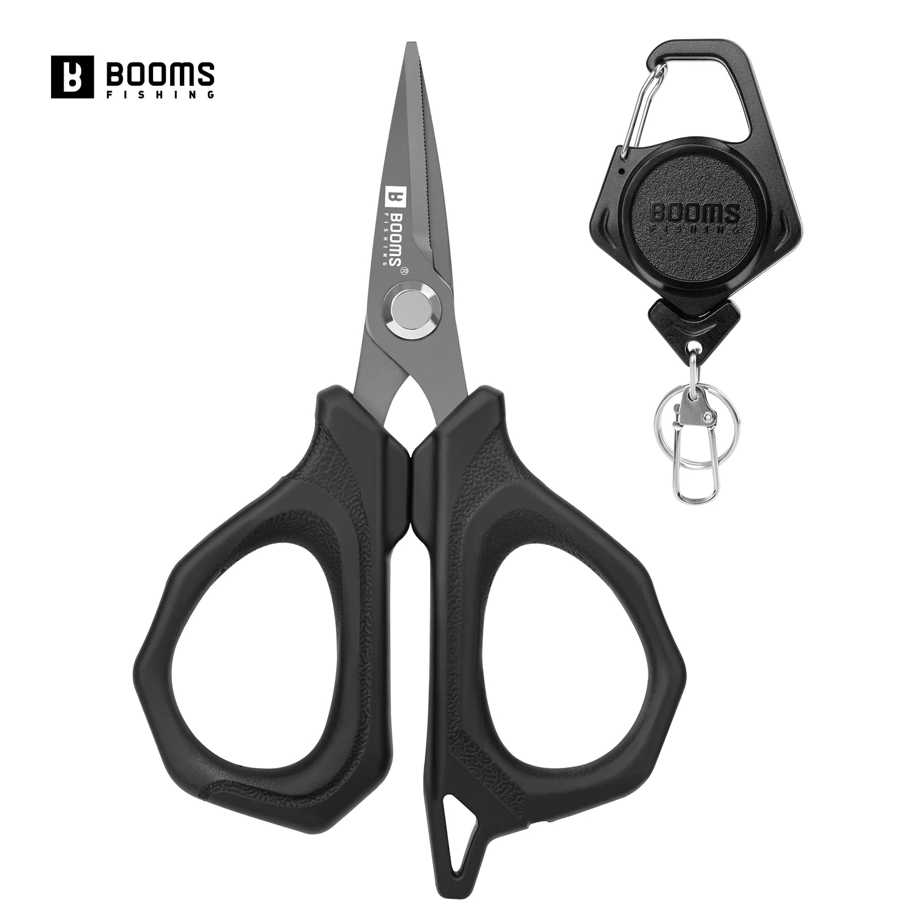 Booms Fishing Stainless Steel Fishing Scissors Pliers for Cutting PE Braided Wire with Retractable KeyChain Tool Accessories