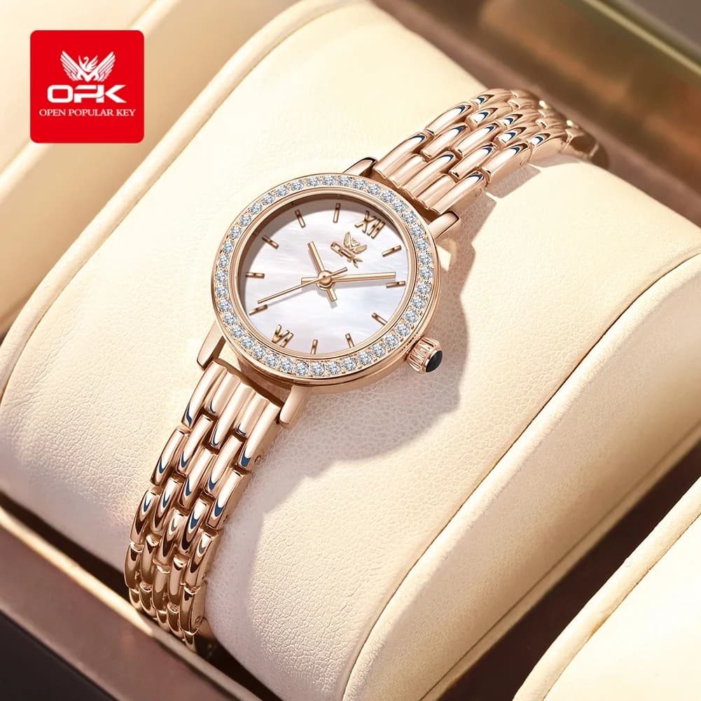 OPK 6063 Women's Lightweight Luxury Watch, Small Round Dial with Diamond Design, Moonlight Original Quartz Movement, Zirconia Bracelet