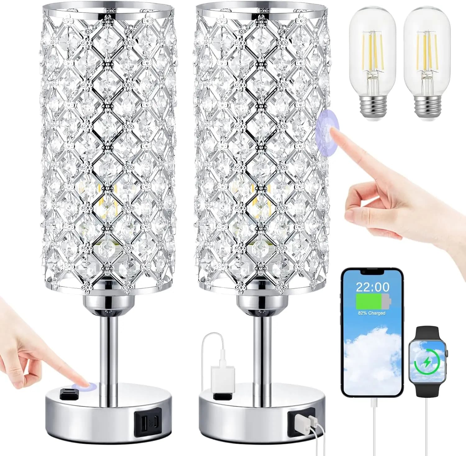 Set di 2 Lampade da Tavolo in Cristallo con Controllo Touch, Porte USB C+A e Presa AC, Lampada da Comodino Dimmerabile per Camera da Letto (Lampadine Incluse)