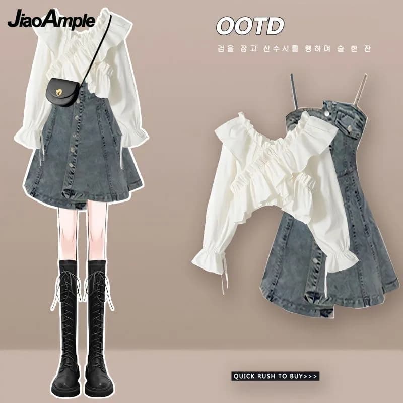 Set di abiti da donna 2025 Camicia con maniche a palloncino moda primavera estate + gonna sospesa Due pezzi coreano elegante nuovo set coordinato