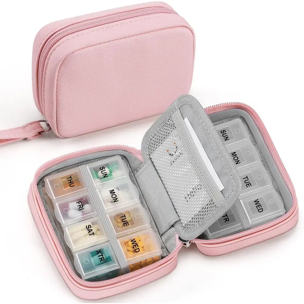 Organizzatore Portatile per Pillole da 7 Giorni con Scomparti Rimovibili, Custodia da Viaggio in Pelle Rosa per Vitamine e Integratori