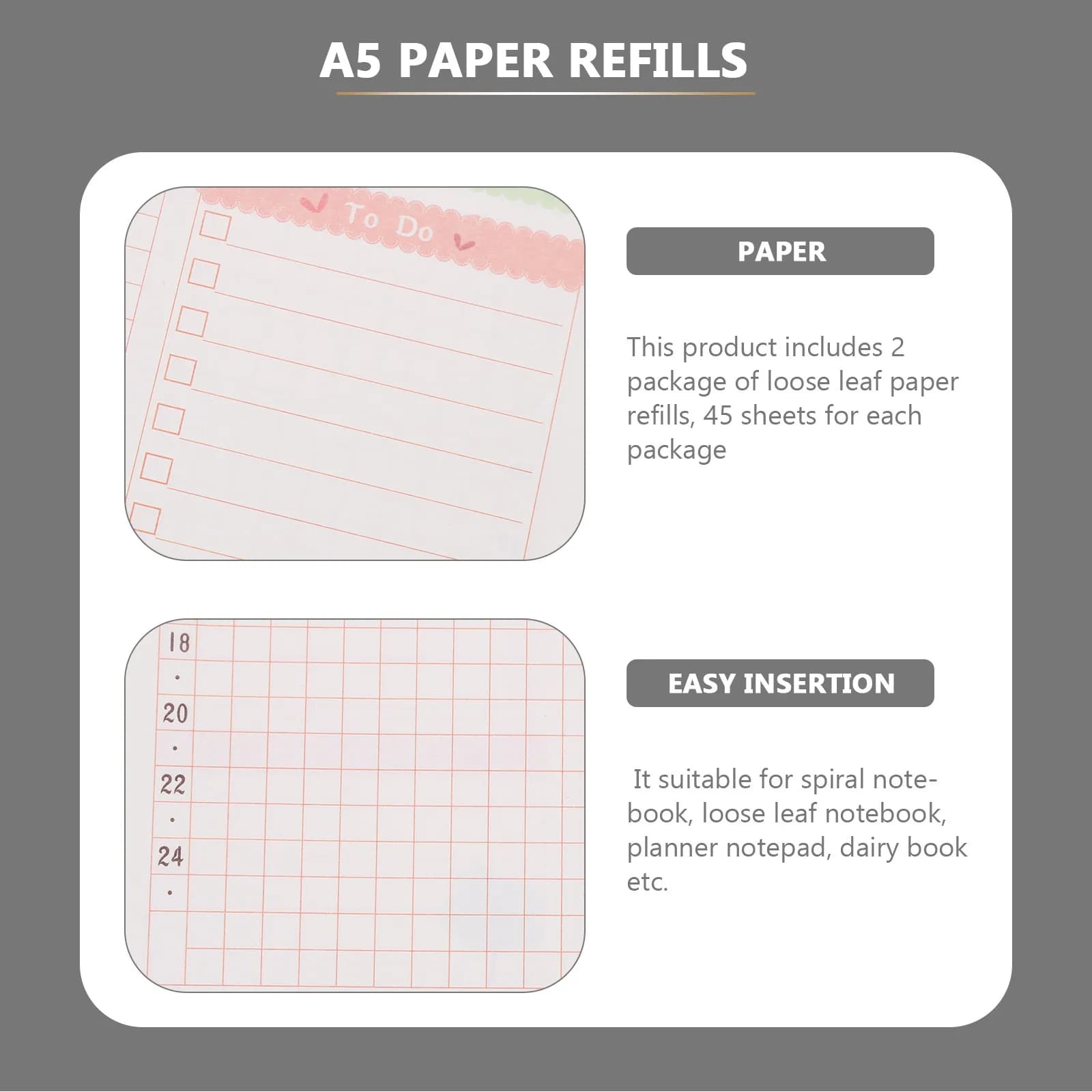 2 Pezzi di Ricambio per Planner A5 a 6 Fori, Carta con Superficie Liscia per Scrivere, Design Carino e Vivace per Quaderni a Spirale, Blocco Note a Fogli Mobili, Diario