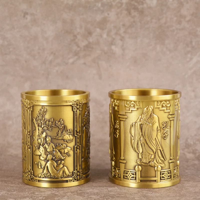 Portapenne per pianoforte, scacchi e pittura in ottone Confucio Mencio Materiali per calligrafia Vaso per matite in rame Decora