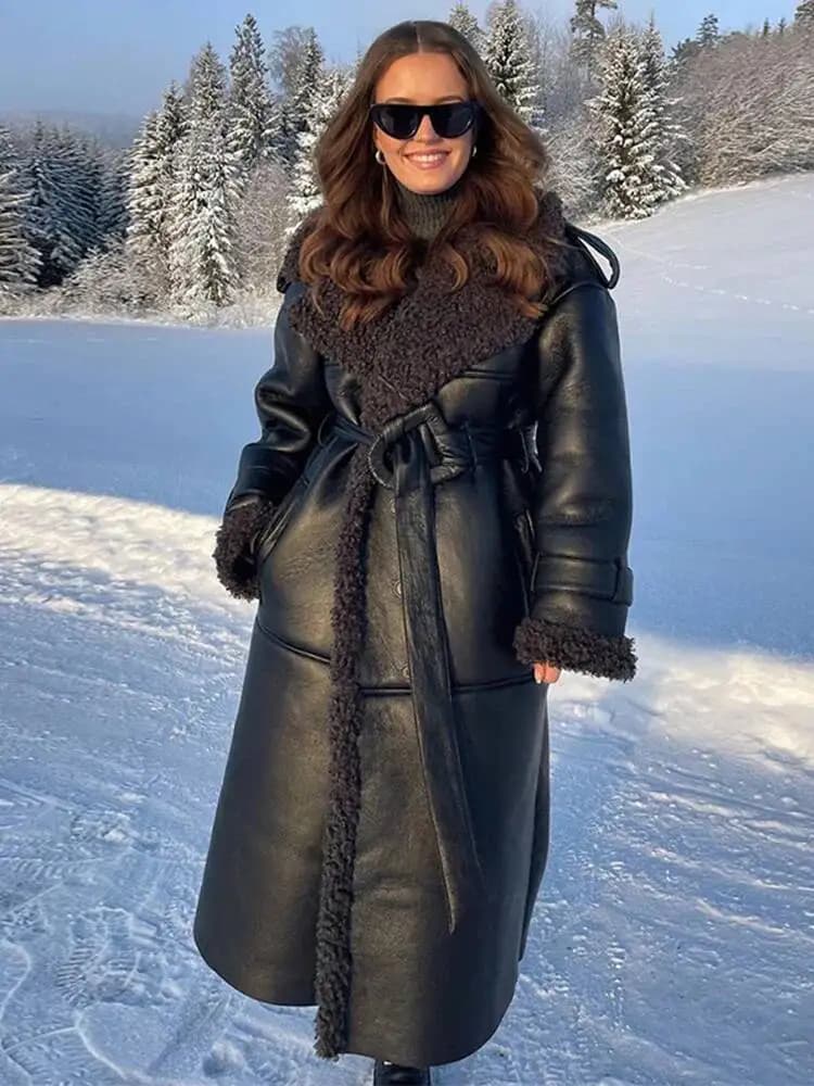 Giacca in Ecopelle con Pelliccia Sintetica per Donna, Collo a Risvolto, Maniche Lunghe, Cintura, Cappotto Invernale 2025, Moda Streetwear, Patchwork