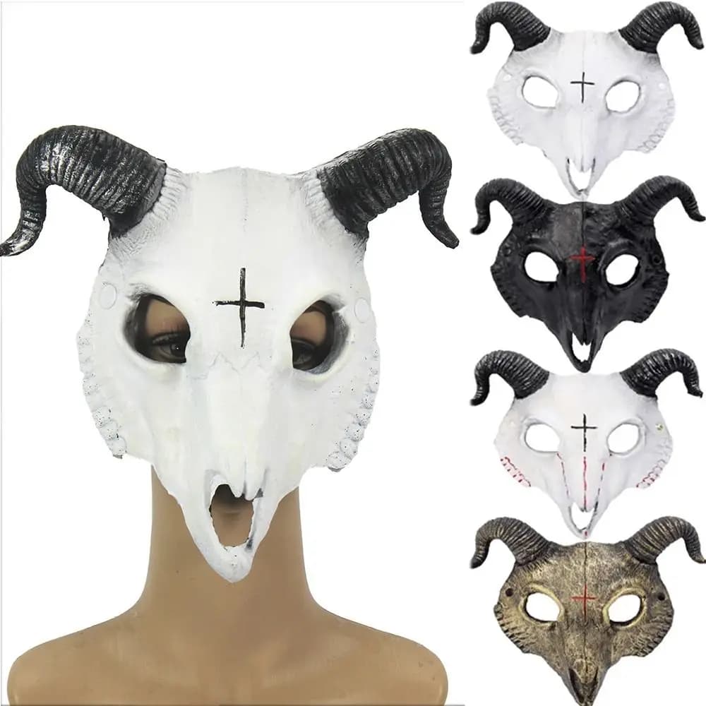 Steampunk Halloween Goat Horn Mask PU Antelope Bloody Skull Mask Full Face Headwear Gift