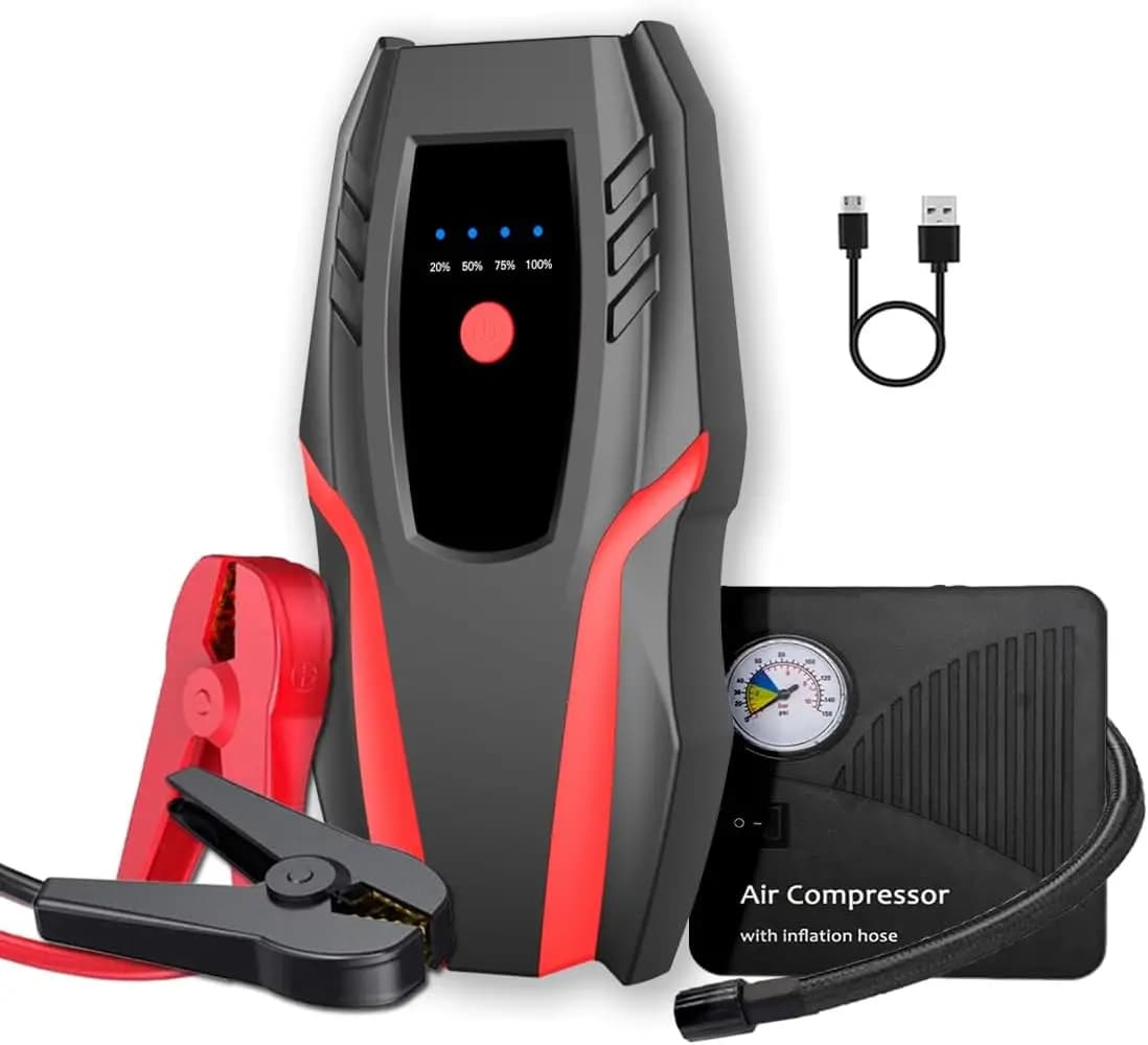 Avviatore automatico da 12 V con compressore d'aria, picco 2000 A, ponticello portatile per batteria per auto e pompa per pneumatici