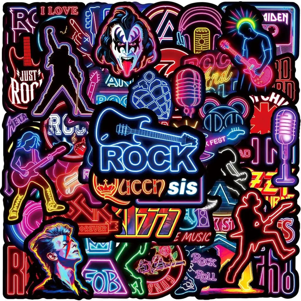 50 Pezzi Adesivi Neon Rock Music Graffiti Impermeabili Fai-da-te per Chitarra Laptop Skateboard Borraccia Papery Pop Store