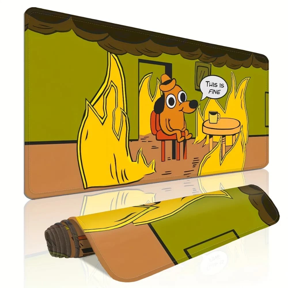 Tappetino per mouse oversize con meme 'This is Fine', divertente tappetino da scrivania con scena di fuoco, grande tappetino antiscivolo per tastiera per ufficio e gaming