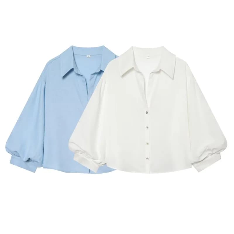 Women's Blend Shirt New 2026 Spring Puff Sleeve Johnny Collar V-Neck Solid Women Shirts Loose Lady Chic Shirts & Blouses