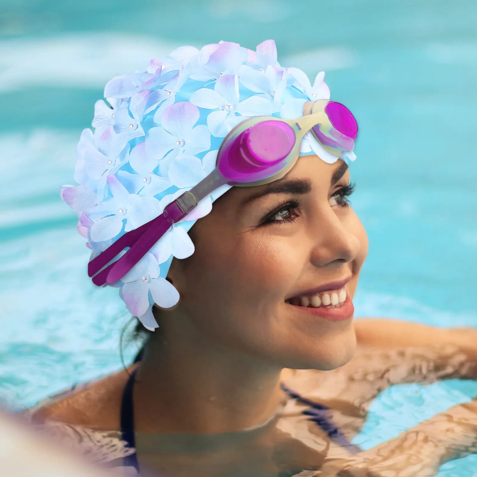 2 Piece Swimwear Embroidered with 3D Flowers, Anti-slip, for Hair, for Pool and Bathroom, Complete Head Cover