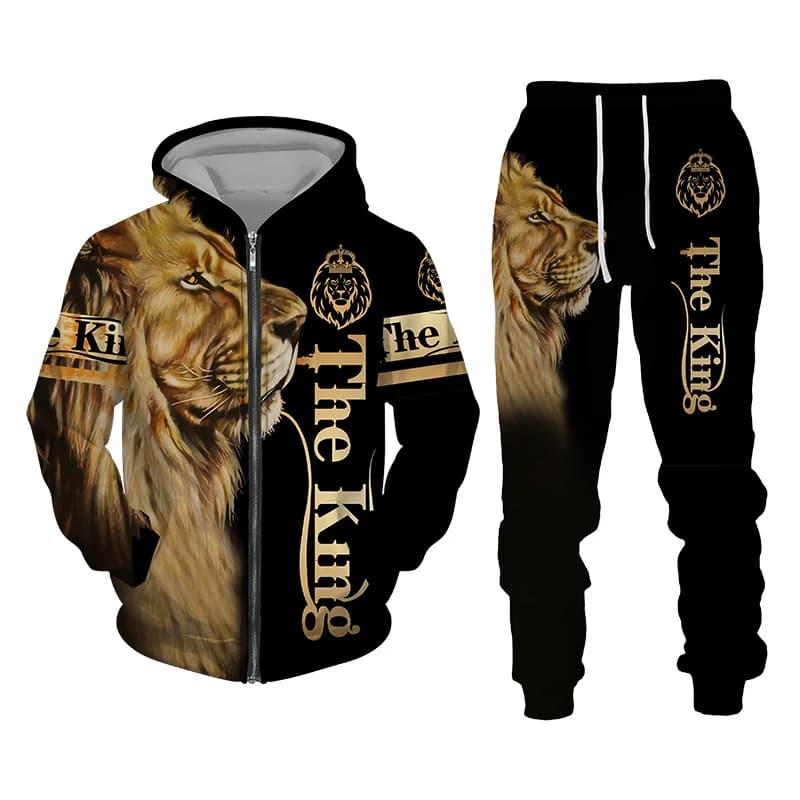 Tuta da uomo primaverile e autunnale 3D The Lion Stampa Felpe con cerniera Felpe Pantaloni Set Abbigliamento casual da uomo Tuta da donna
