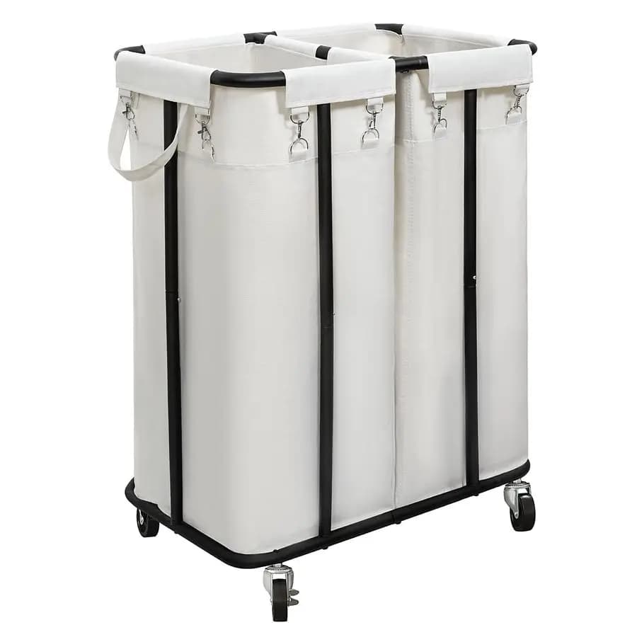Double Hose Basket with Wheel 170L, Organizing Trolley with Steel Frame and Removable Bags, Large D
